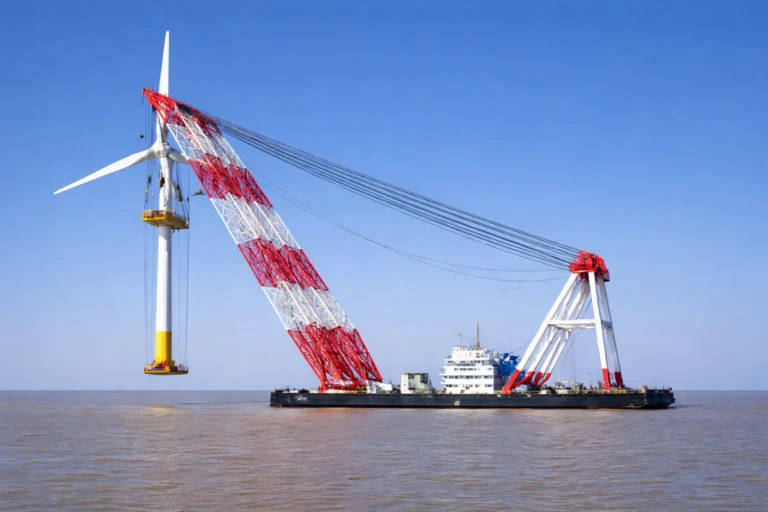 Floating crane lifting heavy cargo during offshore marine construction