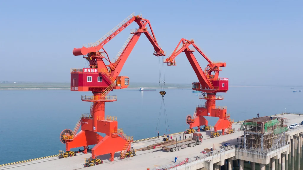 Portal Crane Unloading Bulk Cargo Port Terminal