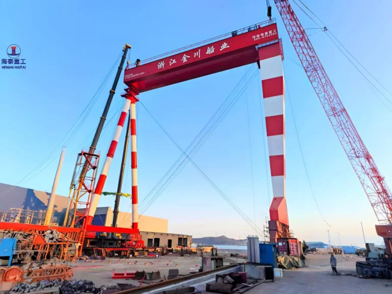 600 ton shipyard gantry crane spanning the shipway at Zhejiang Jinchuan Shipbuilding