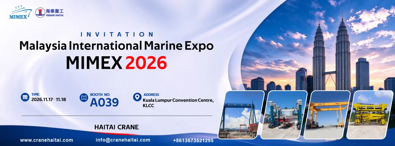 Haitai Crane invitation banner for MIMEX 2026 in Kuala Lumpur, November 17–18, Booth A039, with the Petronas Twin Towers skyline and four Haitai lifting equipment models