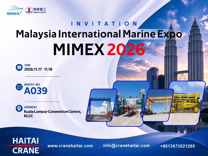 Malaysia International Marine Expo MIMEX 2026 invitation from Haitai Crane for Booth A039, showing a blue gantry crane, a marine travel lift handling a boat, a yellow double girder gantry crane, and a yellow straddle carrier
